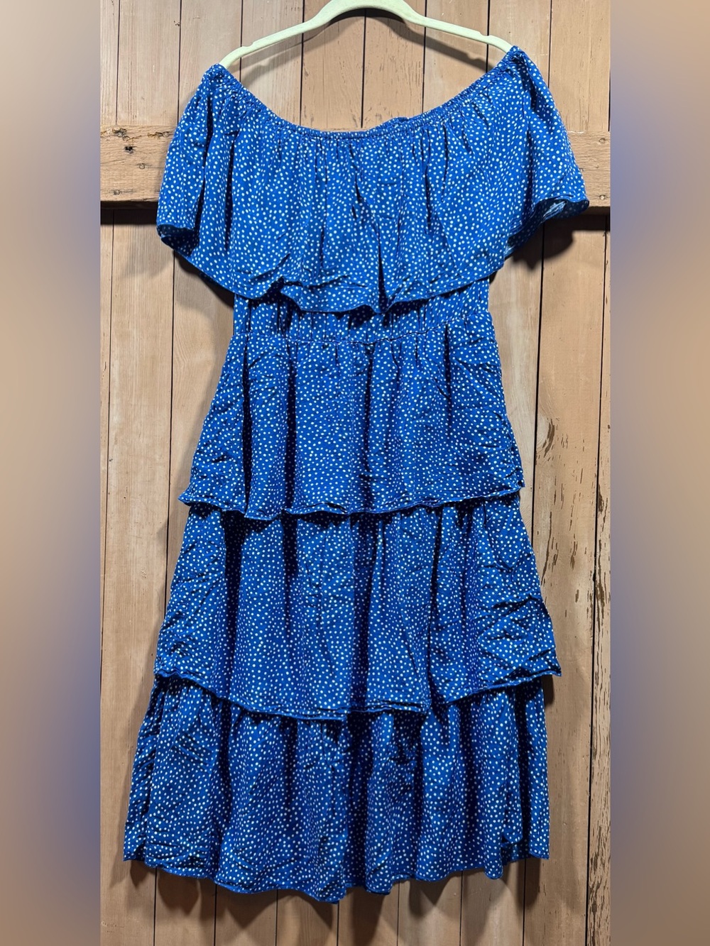 Blue Off-Shoulder Tiered Polka Dot Dress